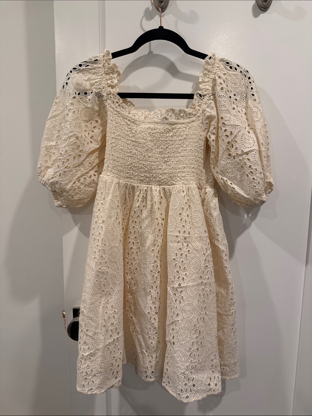 Cream Eyelet Puff-Sleeve Dress